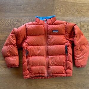 Patagonia Red Puffer Jacket with Blue Collar
